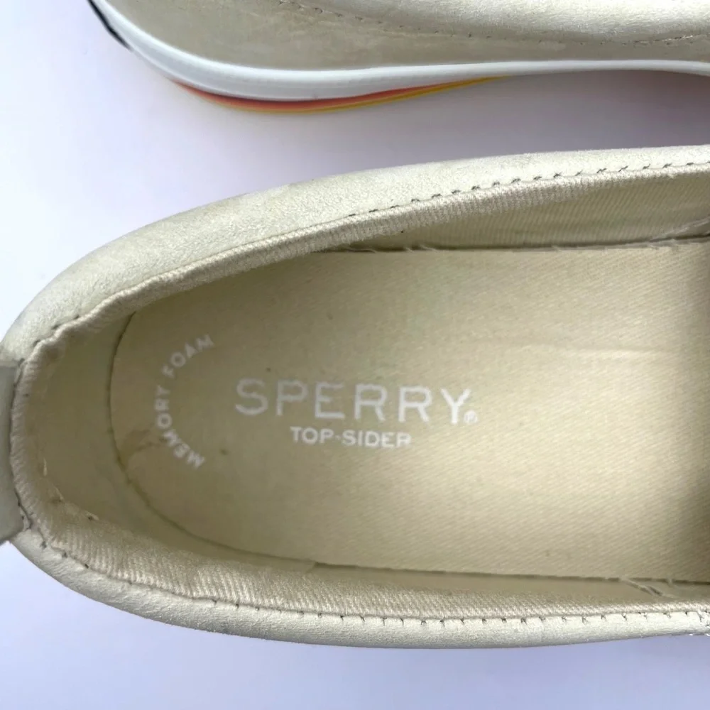 Sperry Top Sider Boat Shoes Womens 7.5 Tan Rainbow Pride Slip On Leather Sneaker